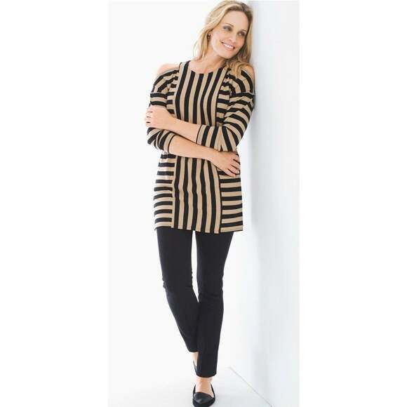 Chico's Tops - Chico’s Zenergy Women’s Tandy Cold Shoulder Tan Black Mixed Striped Tunic